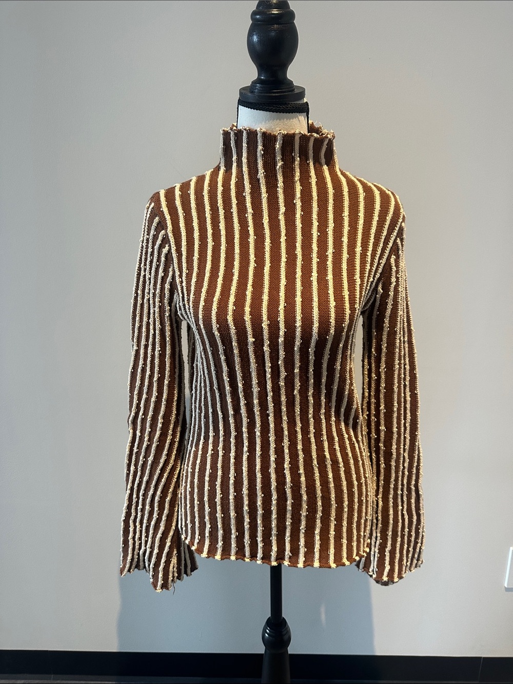 Freemarket Brown and Cream Ribbed Frayed Edges Mock Neck Sweater